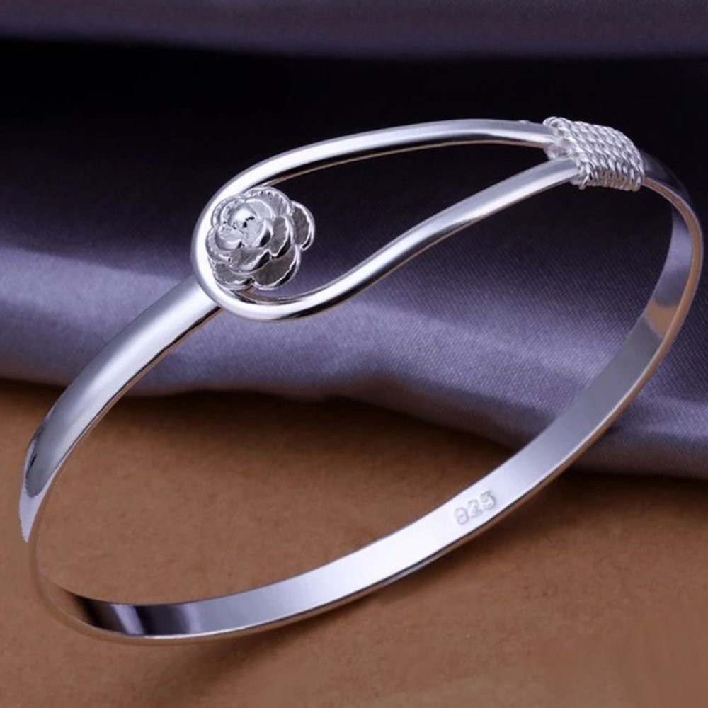 .925 Sterling Silver Etched Rose Bangle - Picture 2 of 4